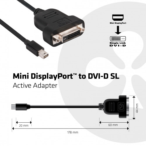 Club3D Mini DisplayPort 1.1 na DVI-D, single link, aktivní adaptér, 17cm_1091645698