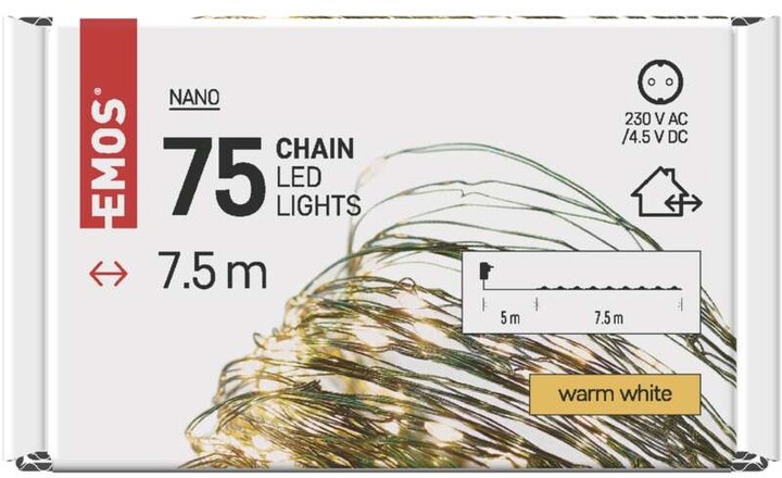 Emos LED vánoční nano řetěz zelený, 7,5 m, venkovní i vnitřní, teplá bílá, časovač_1962634695