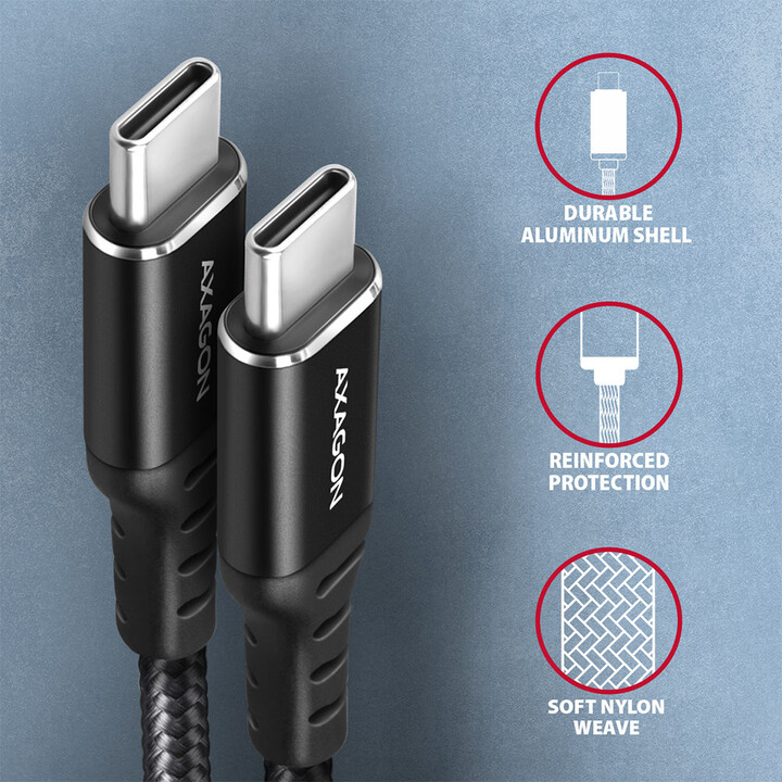 AXAGON kabel USB-C - USB-C, USB 2.0, PD 60W 3A, ALU, opletený, 1,5m, černá_1341696624