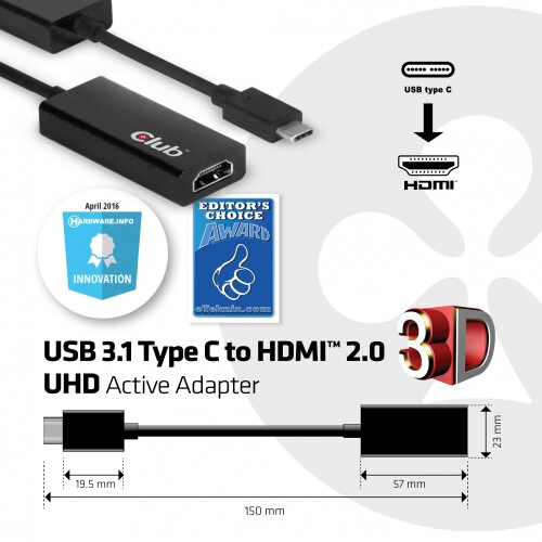 Club3D USB 3.1 TYPE C na HDMI 2.0, aktivní převodník_1302920986