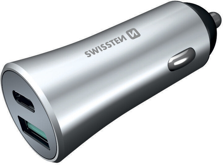 SWISSTEN adaptér do auta USB-C + USB, PD, QC 3.0, 36W, stříbrná_1275839840