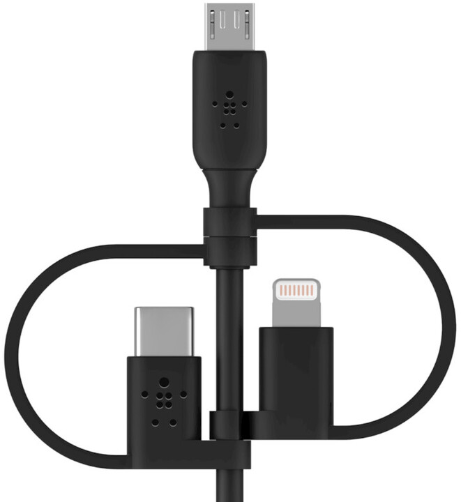 Belkin univerzální kabel 3v1 USB-A - microUSB + Lightning + USB-C, 1m, černá_1939616037