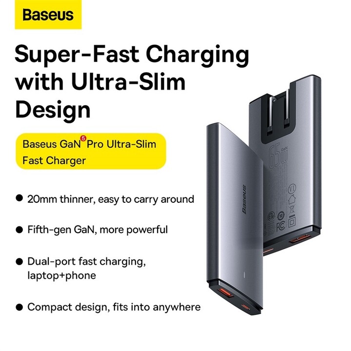 Baseus ultratenký rychlonabíjecí adaptér GAN5 Pro, USB-A,USB-C, 65W, šedá_453111088