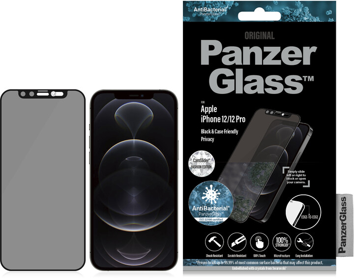 PanzerGlass ochranné sklo Edge-to-Edge pro iPhone 12/12 Pro, antibakteriální, Swarowski CamSlider, černá