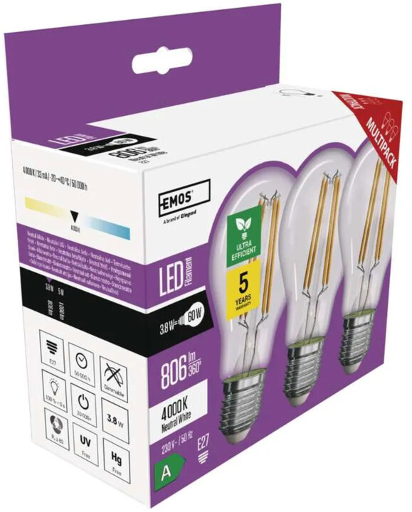 Emos LED žárovka Filament 3.8W (60W), 806lm, E27, neutrální bílá, 3ks_354127314