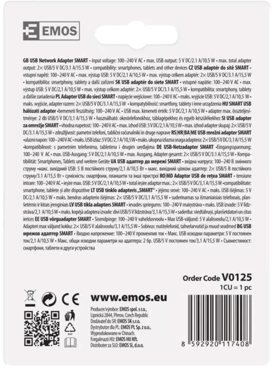 EMOS Univerzální USB adaptér SMART do sítě, 3,1A (15W), bílá_47248637