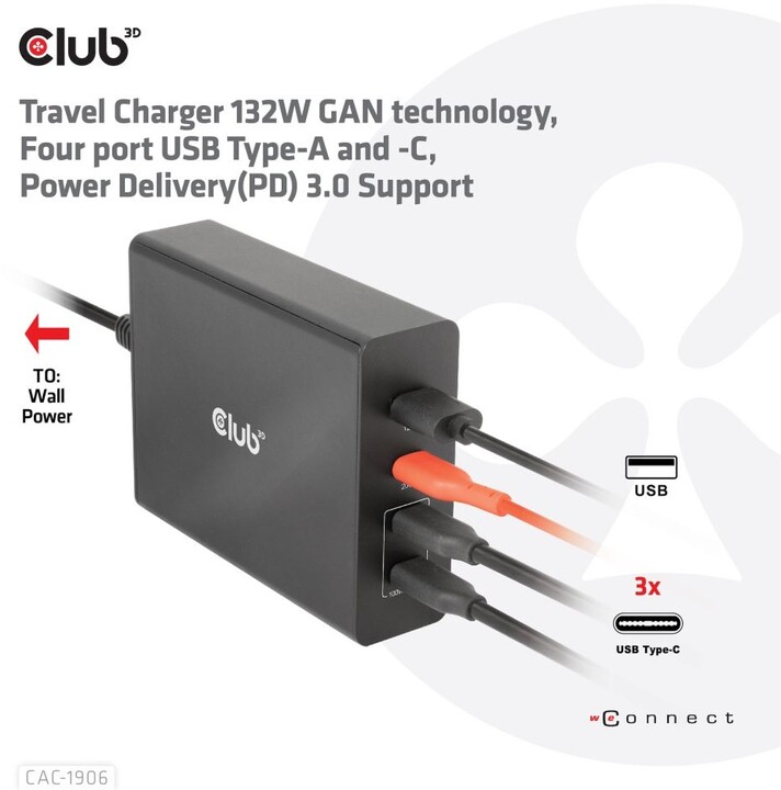 Club3D síťová nabíječka, GAN technologie, 4xUSB-A a USB-C, PD 3.0 Support, 132W , černá_1273467795