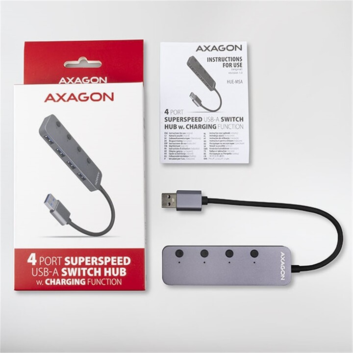 AXAGON switch hub USB-A 3.2 Gen1 - 4xUSB-A, 5Gbit/s, přepínací, 20cm, šedá_1195611711