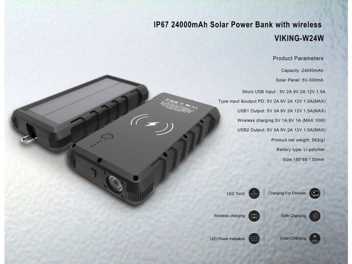 Viking solární outdoorová powerbanka W24W 24000 mAh, bezdrátové nabíjení_2021721162