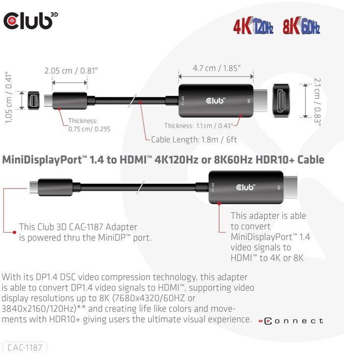 Club3D kabel miniDP 1.4 na HDMI, 4K120Hz nebo 8K60Hz HDR10+, M/M, 1.8m_635579285
