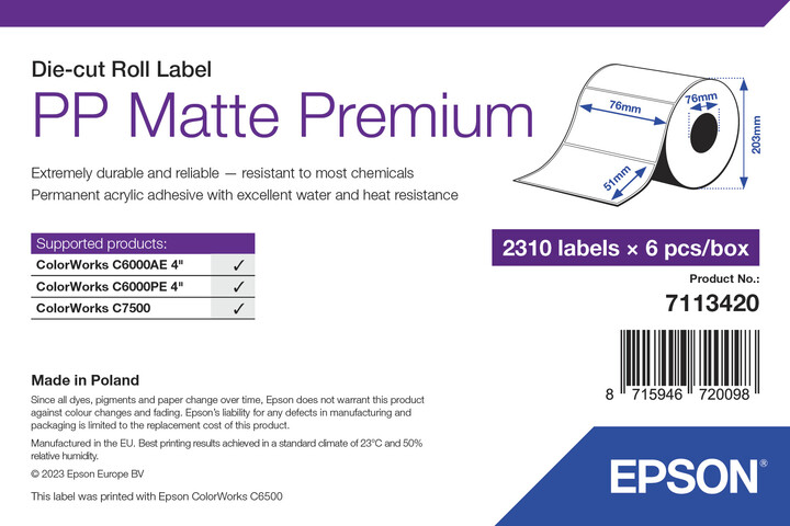 Epson ColorWorks štítky pro tiskárny, PP Matte Label Premium, 76x51mm, 2310ks_276895039
