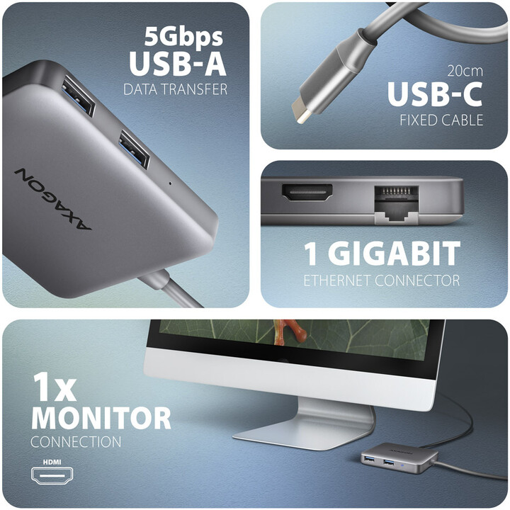 AXAGON multifunkční HUB 5v1 USB 3.2 Gen 1, 2x USB-A, HDMI, PD 100W, kabel USB-C 20cm_1790601455