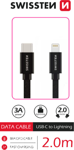 SWISSTEN textilní datový kabel USB-C - Lightning, 2 m, černý