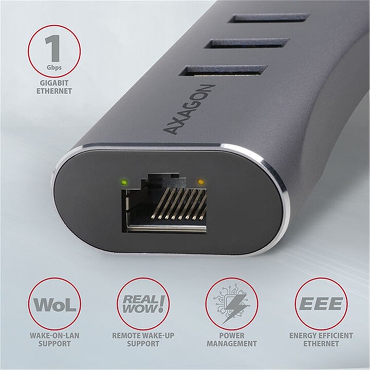 AXAGON HMA-GL3AP, USB 3.2 Gen 1 hub, porty 3x USB-A + Gigabit Ethernet, kovový, micro USB nap. konek_117630789