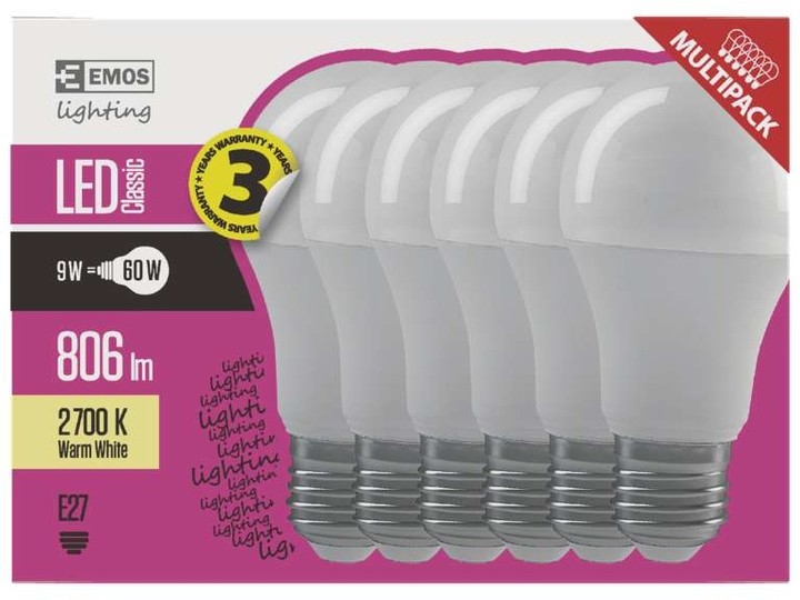 Emos LED žárovka Classic A60 9W E27, 6ks, teplá bílá