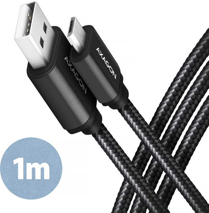 AXAGON kabel USB-A - micro USB2.0 HQ, 2.4A, opletený, 1m, černá_784663081