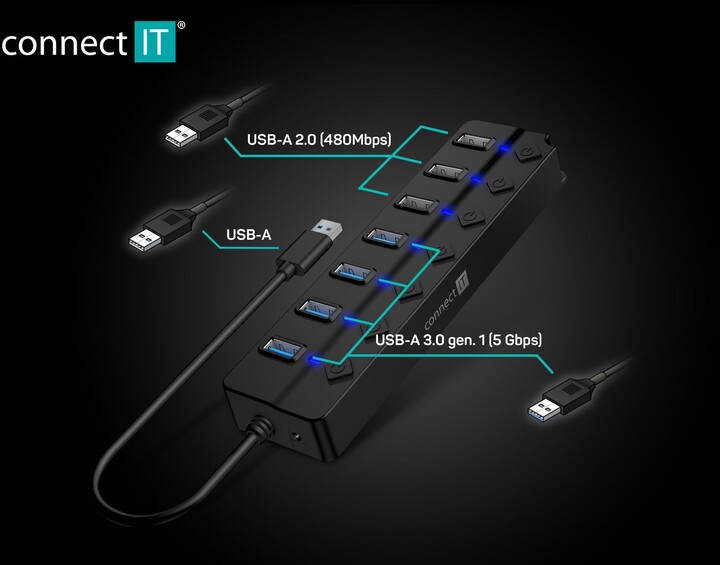 CONNECT IT USB-A hub Mighty Switch 2, 4xUSB-A 3.0, 3xUSB-A 2.0, externí, černá_201865478