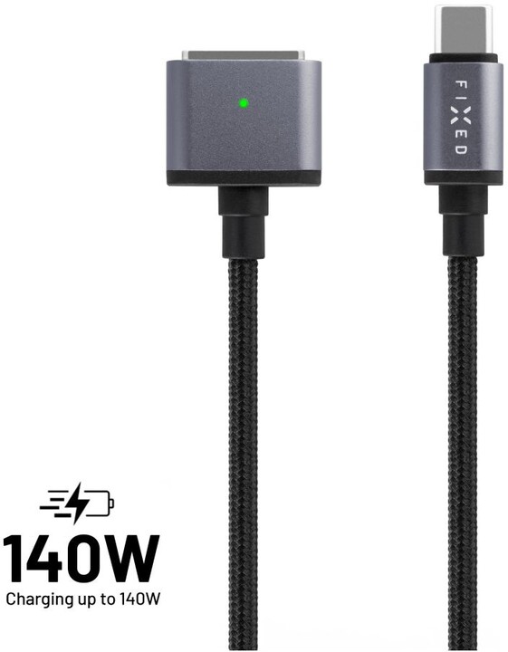 FIXED nabíjecí kabel USB-C - MagSafe 3, opletený, 2m, 140W, šedá_2129021747