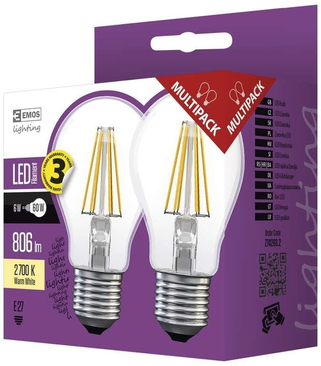 Emos LED žárovka Filament A60 E 6W E27 2ks, teplá bílá_284520192