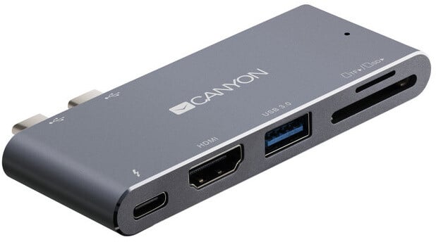 Canyon dokovací stanice, 2x USB-C - USB 3.0, Thunderbolt 3, 4K HDMI, čtečka SD karet, PD, šedá_1293502956