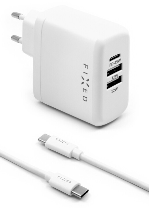 FIXED síťová nabíječka, USB-C, 2xUSB, PD, 45W, bílá + kabel USB-C, 1m, bílá_1803380223