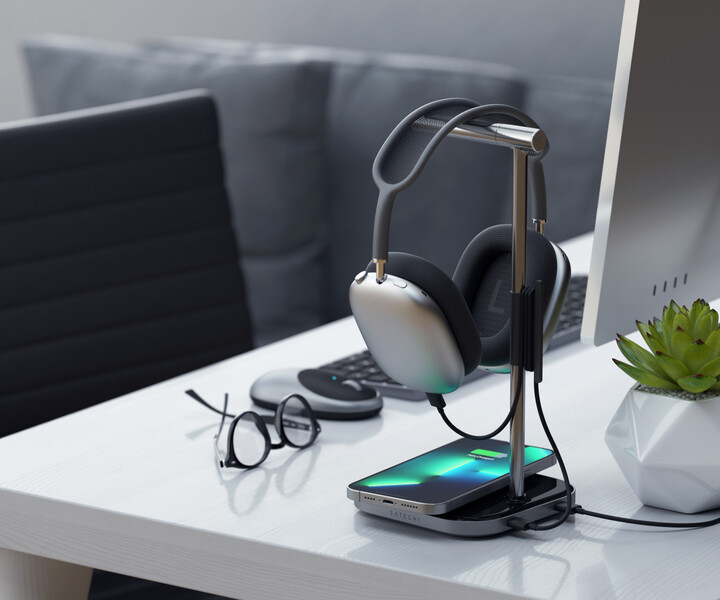 Satechi 2-IN-1 Headphone Stand with Wireless Charger USB-C, šedá_175651561