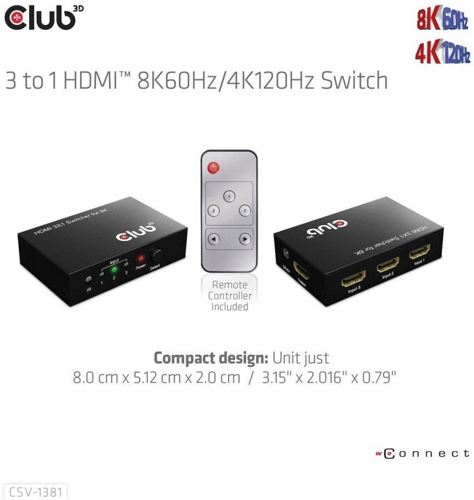 Club-3D HDMI switch 1:3, 8K@60Hz/4K@120Hz_204062217