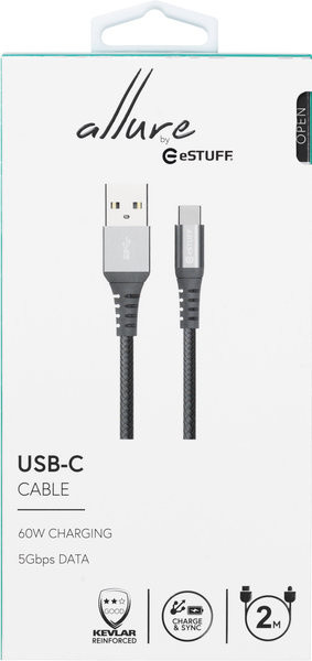 eSTUFF Allure datový kabel USB-C s podporou 5 Gbps, 3A, 2m, šedá_634401689