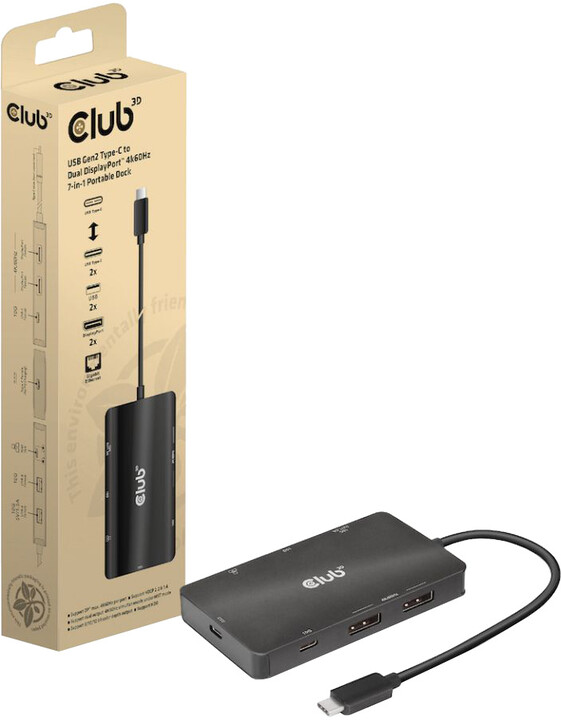 Club3D dokovací stanice USB Gen2 Type-C na Dual DisplayPort 4k60Hz 7-in-1 Portable Dock_1344312904