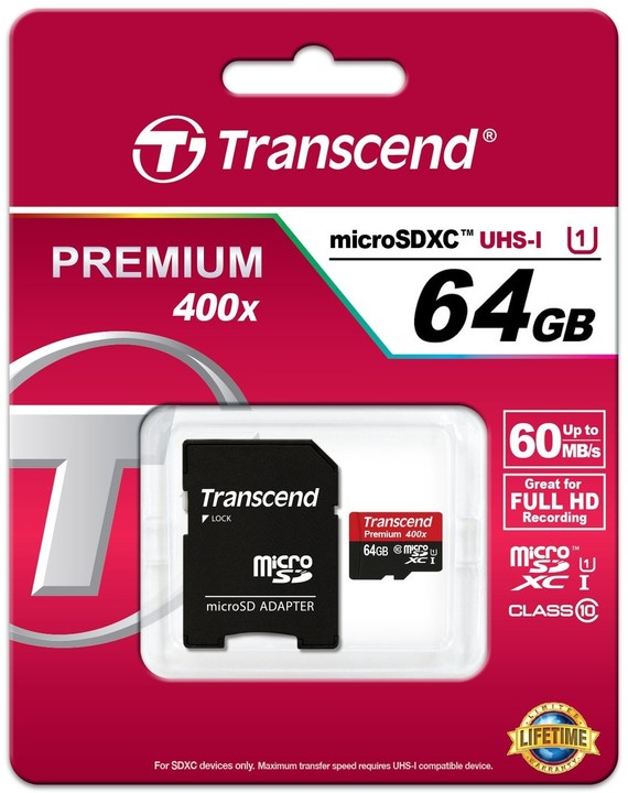 Transcend Micro SDXC Premium 400x 64GB 60MB/s UHS-I + SD adaptér_461529850