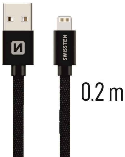 SWISSTEN datový kabel USB - Lightning, M/M, 3A, opletený, 0.2m, černá_426236249