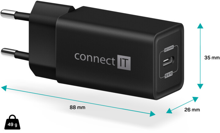 CONNECT IT nabíjecí adaptér, 1x USB-C, PD, 18W, černá
