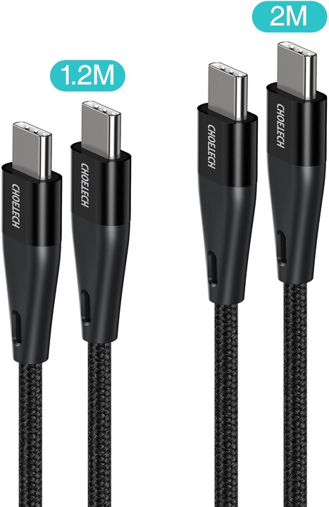 Choetech set kabelů MIX00086 USB-C - USB-C, opletený, 60W, 3A, 2m + 1.2m, černá