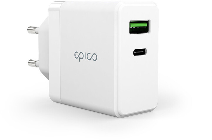 EPICO síťová nabíječka GaN, USB-C, USB-A, 65W, bílá + USB-C kabel, 2m_559429796
