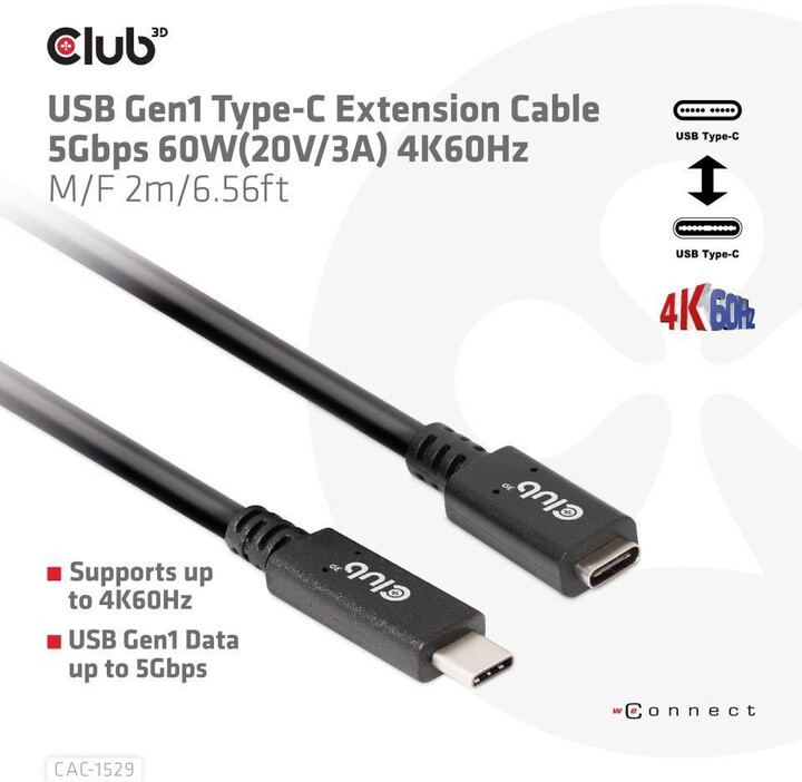 Club3D prodlužovací kabel USB-C, 4K@60Hz (M/F), 2m_41458818