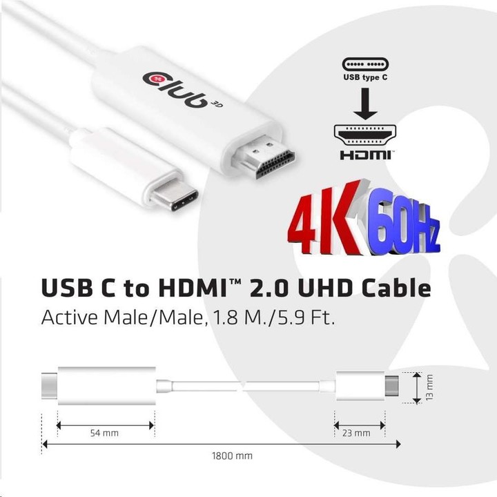 Club3D USB-C na HDMI 2.0 4K 60Hz, 1,8m, aktivní převodník_2077641281