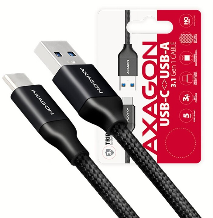 AXAGON BUCM3-AM05B, SUPERSPEED kabel USB-C - USB-A 3.2 Gen 1, 0.5m, 3A, oplet, černá_1542408577