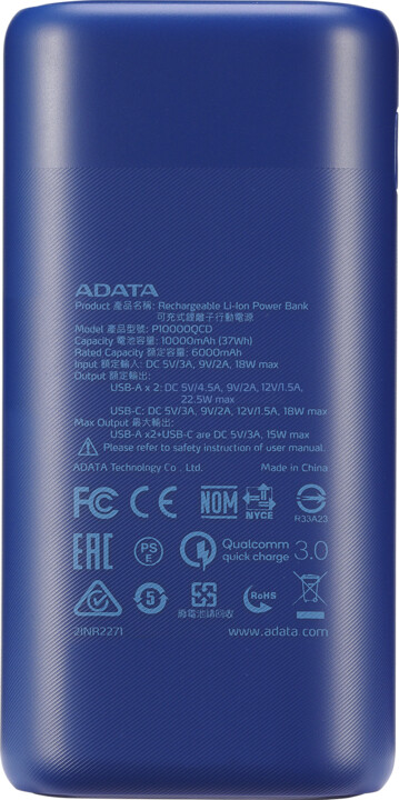 ADATA powerbanka P10000QCD, 10000mAh, modrá_471325333