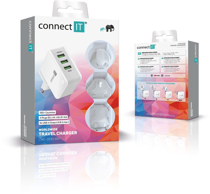 CONNECT IT nabíjecí adaptér Nomad2 WorldTravel, cestovní, 3xUSB, 24W, bílá_518535038