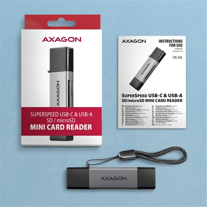AXAGON CRE-DAC, USB-C + USB-A, 5 Gbps - mini čtečka karet, 2-slot &amp; lun SD/microSD, podpora UHS-I_940860122