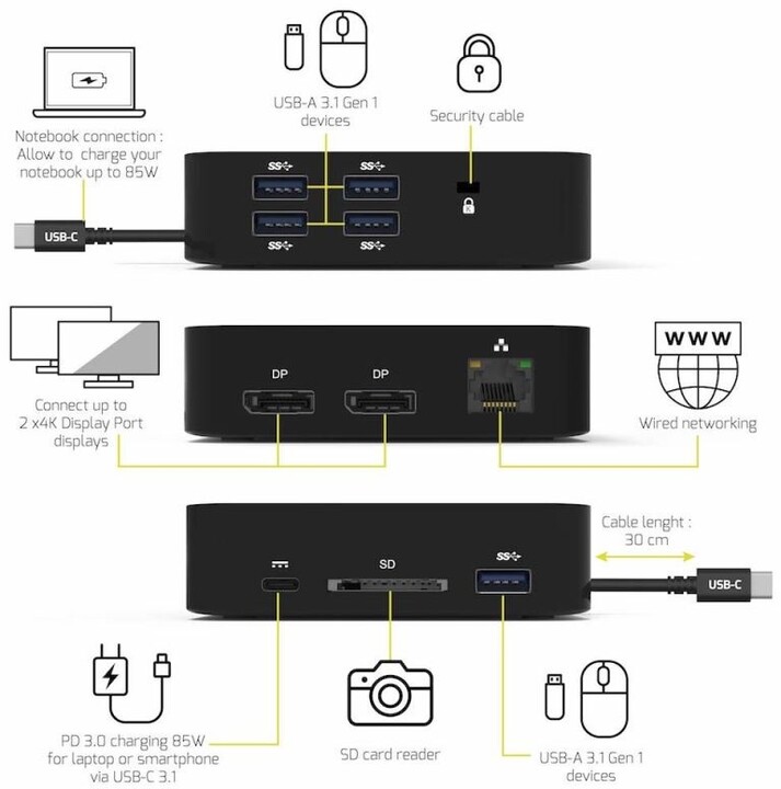 PORT CONNECT USB-C Dokovací stanice 10v1, 2x4K Display Port, 5x USB-A, USB-C 85W PD, Ethernet, SD_1458357427