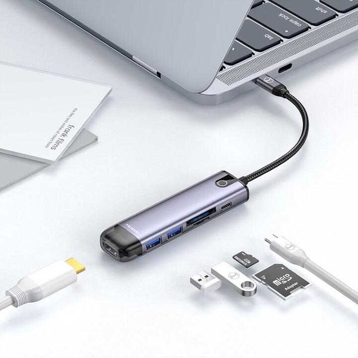 Mcdodo dokovací stanice 6v1, USB-C, 2xUSB 3.0, HDMI 4K, čtečka SD, PD, 100W, šedá_1367418606