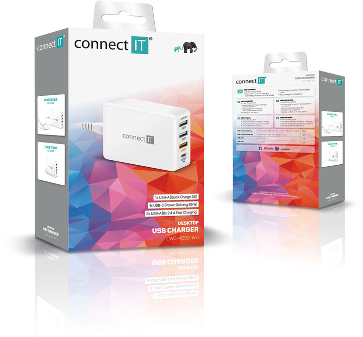 CONNECT IT nabíjecí adaptér, 1xUSB-C, 3xUSB, QC 3.0, PD, 65W, bílá_251216410