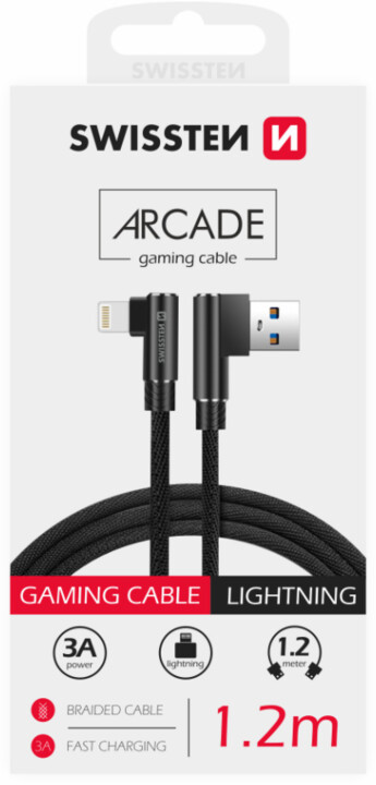 SWISSTEN datový kabel Arcade USB-A - Lightning, M/M, 3A, zahnutý konektor 90°, opletený, 1.2m, černá