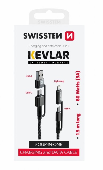 SWISSTEN odolný datový kabel 4v1 USB-A / USB-C - USB-C / Lightning, 60W, kevlarový, 1.5m, černá_893427459