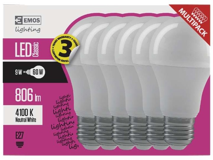 Emos LED žárovka Classic A60 9W E27, neutrální bílá - 6 ks_1284895218