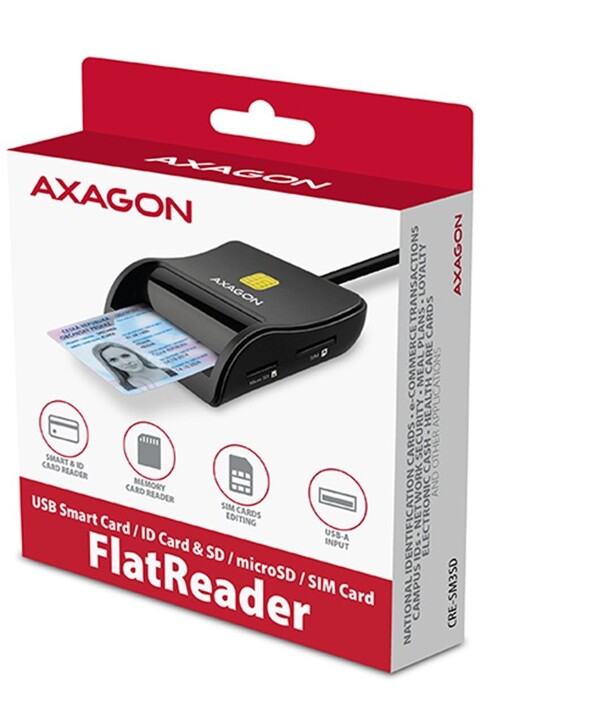 AXAGON CRE-SM3SD, USB-A FlatReader 4-slot čtečka Smart card (eObčanka) + SD/microSD/SIM, kabel 1.3 m_1280533447