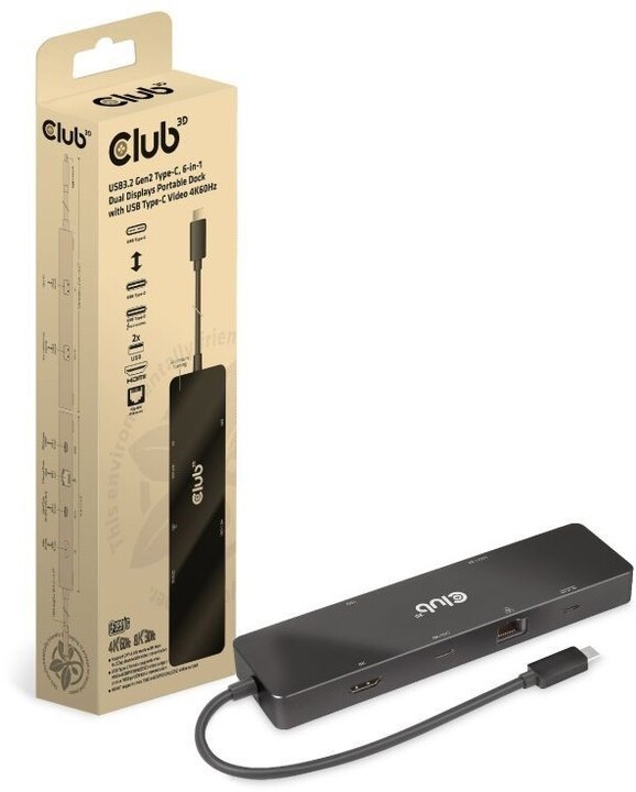 Club3D dokovací stanice USB-C 3.2 Gen1 6in1, USB-C Video, HDMI, 2xUSB-A, USB-C PD 100W, RJ45_499476110