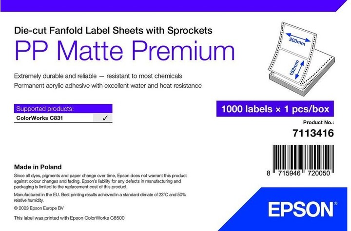 Epson ColorWorks kládaný papír pro pokladní tiskárny, PP Matte Label Premium, 203x152mm, 1000ks_1748437001