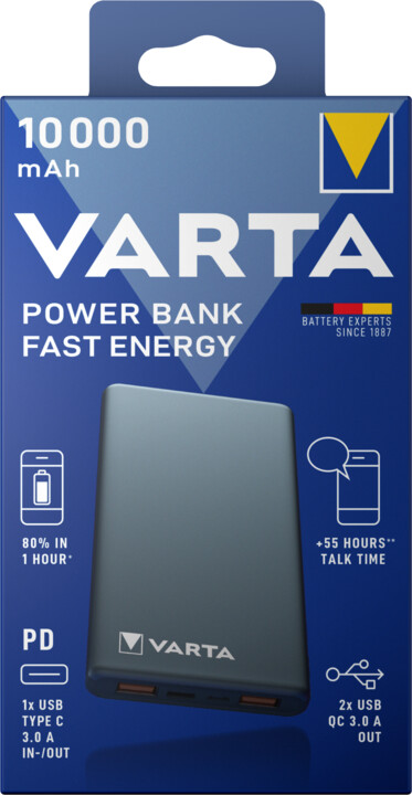 VARTA powerbanka Fast Energy, 10000mAh, USB-C, 2xUSB 3.0, QC, PD, šedá_1906692999